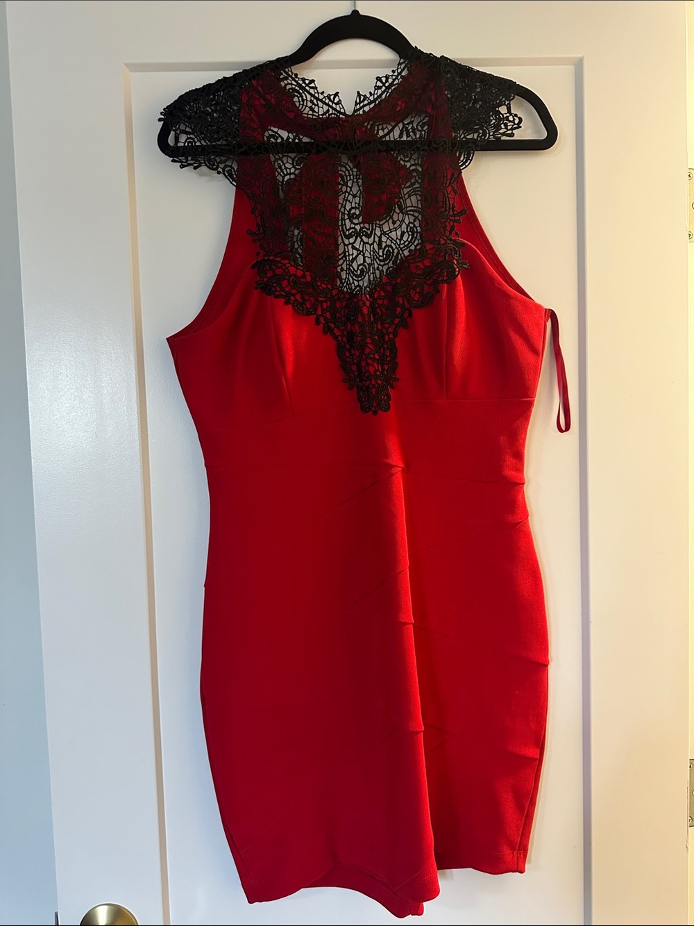 le chateau Red Mini Dress with Black Lace Halter Detail